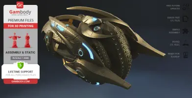 A detailed 3D model of a sci-fi spaceship with glowing blue accents, ready for 3D printing.