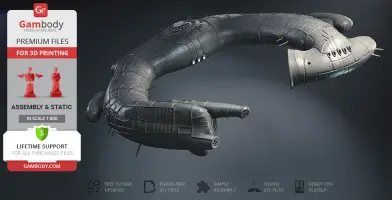A detailed 3D model of a sci-fi spaceship, designed for 3D printing, hovering against a dark background.