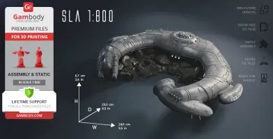 A detailed 3D model of a futuristic spaceship, designed for SLA 3D printing at a 1:800 scale.