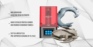 Creality HALOT-ONE resin 3D printer with Protoss Carrier and Engineer Juggernaut models displayed.
