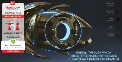A detailed 3D model of a sci-fi spaceship component with glowing elements and mechanical features.
