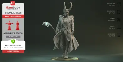A 3D model of a character in a detailed outfit, holding a staff with curved horns on a circular base.
