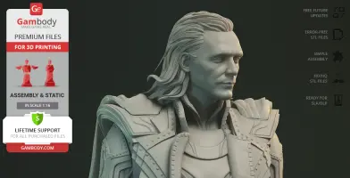 A detailed 3D model of a character with long hair, wearing armor, ready for 3D printing by Gambody.