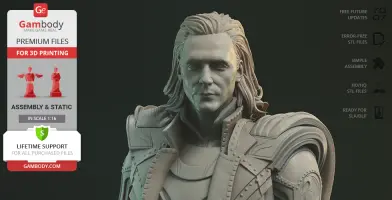 A detailed 3D model of a character in ornate armor on Gambody's site for 3D printing.