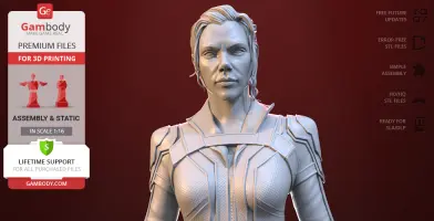 3D printed model of a superhero in detailed tactical suit, ready for assembly, set against a red background.