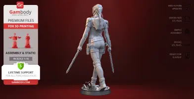 A 3D model of a female character holding batons, ready for 3D printing, shown from the back.
