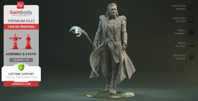 A detailed 3D model of a character in armor with a cape, standing on a round base.