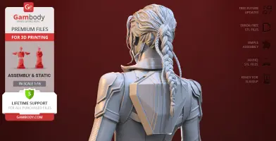 3D model of a costumed character with braided hair, shown from the back against a red background.
