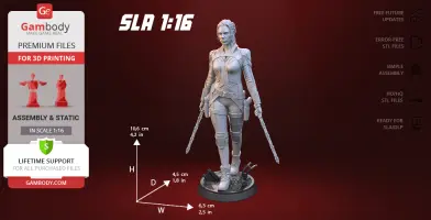 A 3D printed female warrior figure with weapons on a base, detailed and ready for assembly.