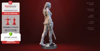 A detailed 3D model of a female character holding a staff, shown from the back on a display base.