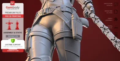 Close-up of a detailed 3D model of a character in tactical gear with dynamic pose, highlighting text offers.