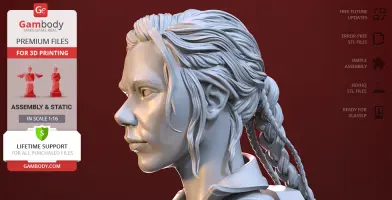 Side profile of a detailed 3D female character model with braided hair for 3D printing from Gambody.