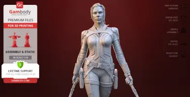 A 3D printed model of a woman in tactical gear holding two batons, set against a red background.