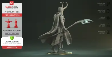 A detailed 3D model of a cloaked figure with horns, holding a staff, designed for 3D printing.