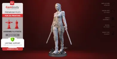 A 3D printed model of a character in tactical gear holding batons, ready for assembly at a 1:16 scale.