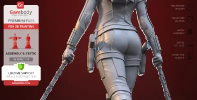 3D model figure in tactical outfit holding batons, with icons highlighting features of Gambody STL files.