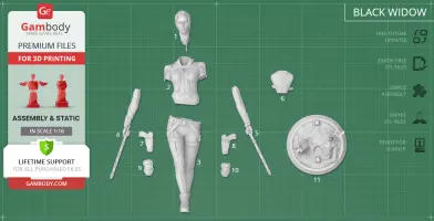 3D model parts of a character, labeled and displayed for assembly, featuring body and accessories.