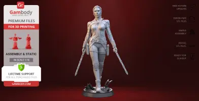 A detailed 3D model of a female action figure in tactical outfit holding batons, ready for 3D printing.