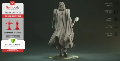 3D model of a cloaked figure holding a staff, ready for 3D printing, next to product benefits list.