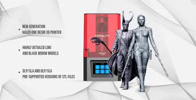 Creality HALOT-ONE resin 3D printer with detailed Loki and Black Widow models, promotional text on left.