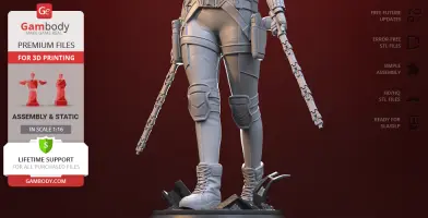 A 3D model of a figure in tactical gear holding batons, designed for 3D printing.