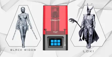 Creality HALOT-ONE 3D printer; Black Widow and Loki 3D models on either side.