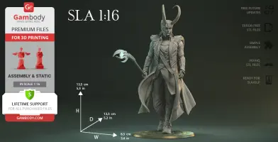 A 3D printed figure of a character with a horned helmet and staff, labeled SLA 1:16, alongside printing details.