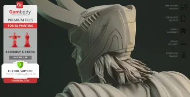 Detailed 3D model of a helmeted character with horns, showcasing intricate armor and hair texture.