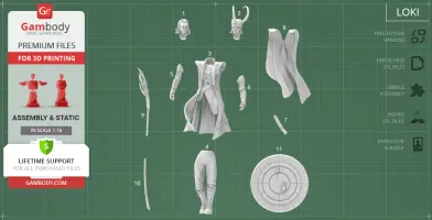 3D model parts for a detailed figure with cape, headpieces, and accessories, designed for assembly.