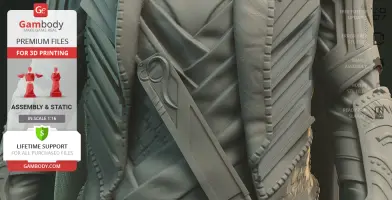 Close-up of a detailed 3D printed armor from Gambody, showing a weapon sheath and intricate patterns.