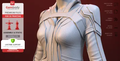 3D model of a detailed character in an armored suit, highlighting intricate patterns and textures.