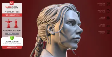 3D printed bust of a character with detailed hair and facial features, against a red background, from Gambody.