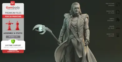 A detailed resin 3D model of a character in ornate armor with a long coat, holding a staff with a glowing orb.