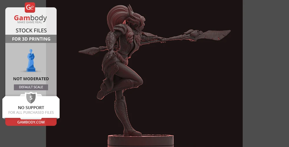 A dynamic pose of an armored warrior wielding a large spear, ready for action, on a circular base.
