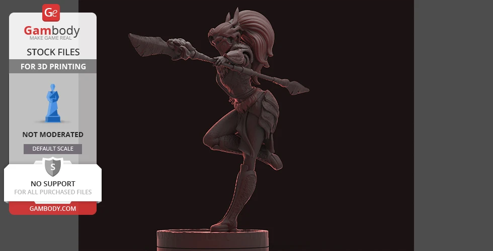 A 3D print model of a dynamic dragon hunter wielding a spear, posed as if in mid-attack.