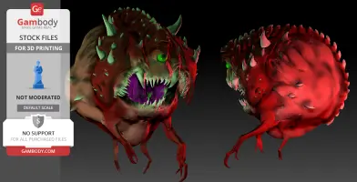 A 3D model of a menacing, spiky, and colorful monster with sharp teeth and clawed limbs.