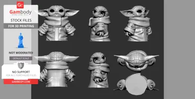3D model of Baby Yoda in various angles, wearing a robe with large ears and expressive eyes.