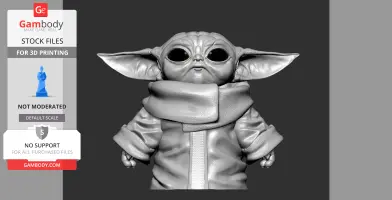 3D model of a small, big-eared creature in a robe with a scarf, ready for 3D printing.