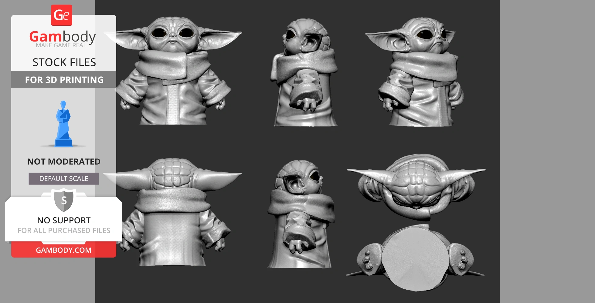 3D model of Baby Yoda in various angles, wearing a robe with large ears and expressive eyes.