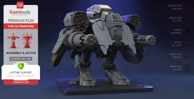 A detailed 3D model of a sci-fi mech robot with heavy armor and weaponry, ready for 3D printing.