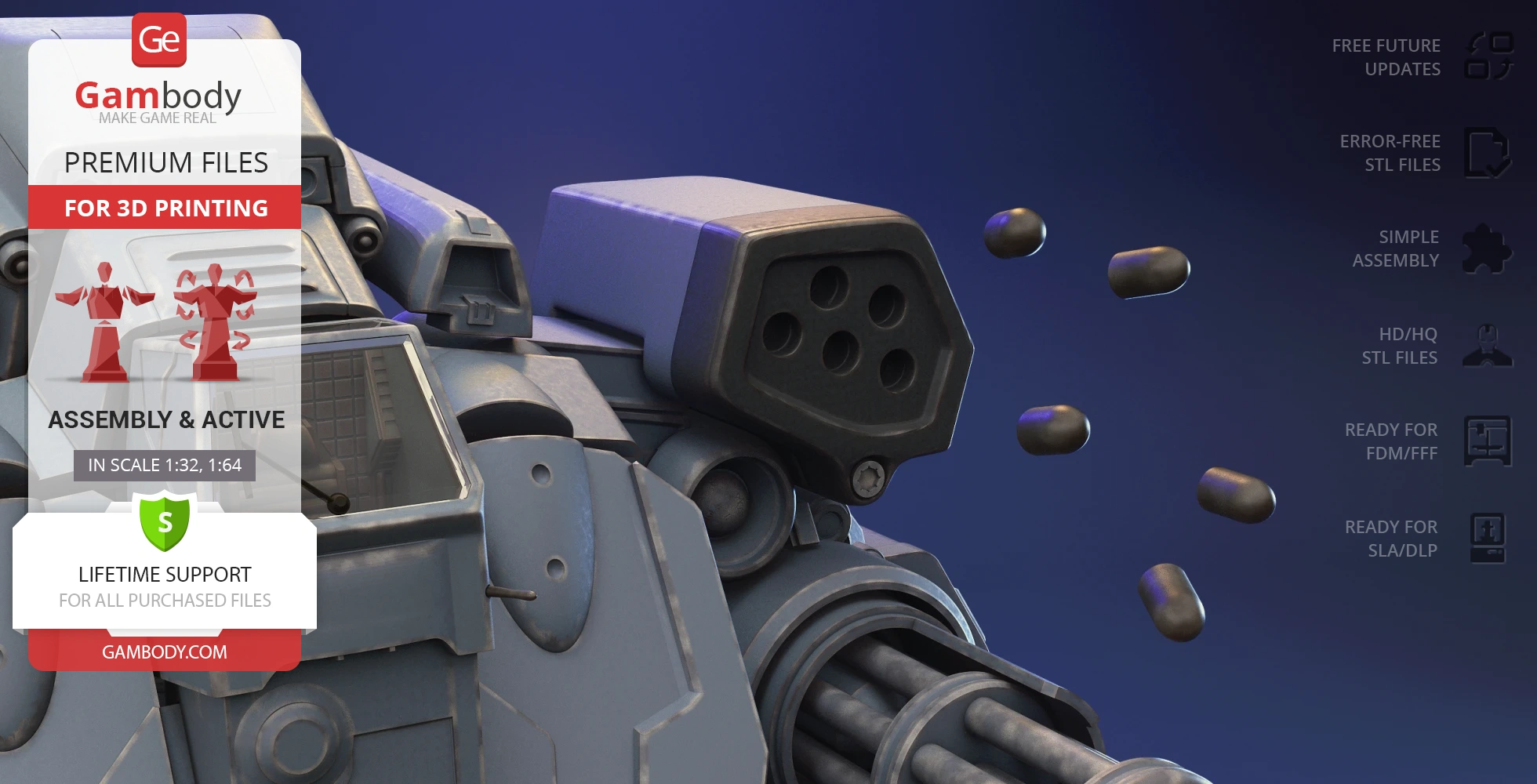 A robotic mech with exposed barrels, missiles, and a sleek metallic design for 3D printing.