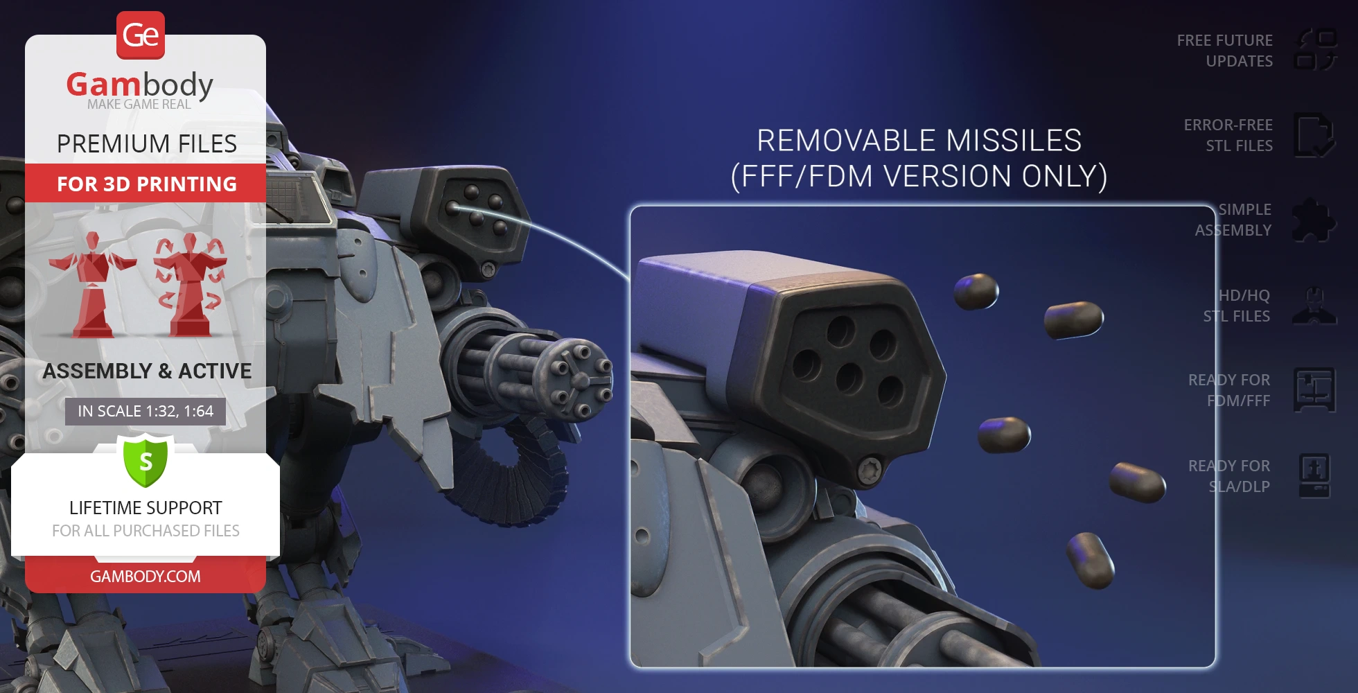 3D model of a robotic armored mech with removable missiles, designed for 3D printing.