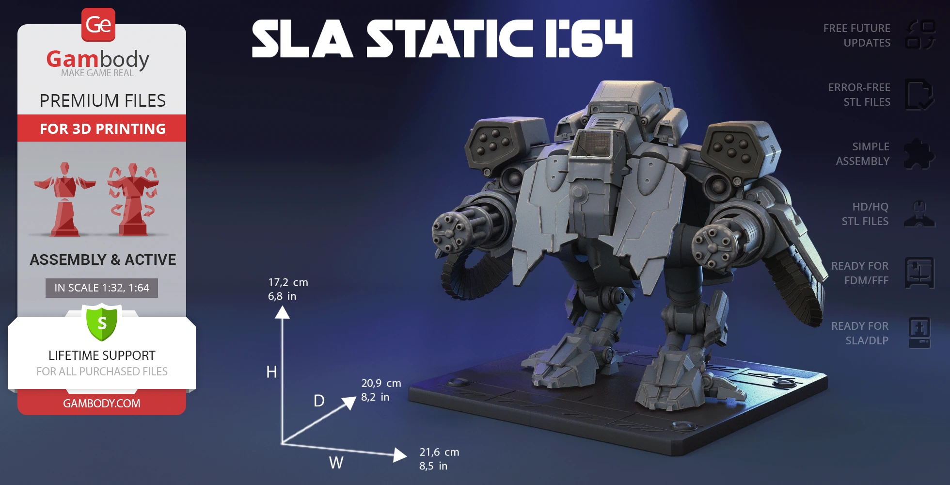 A detailed 3D model of a mech robot, designed for 3D printing, shown with assembly and scale details.