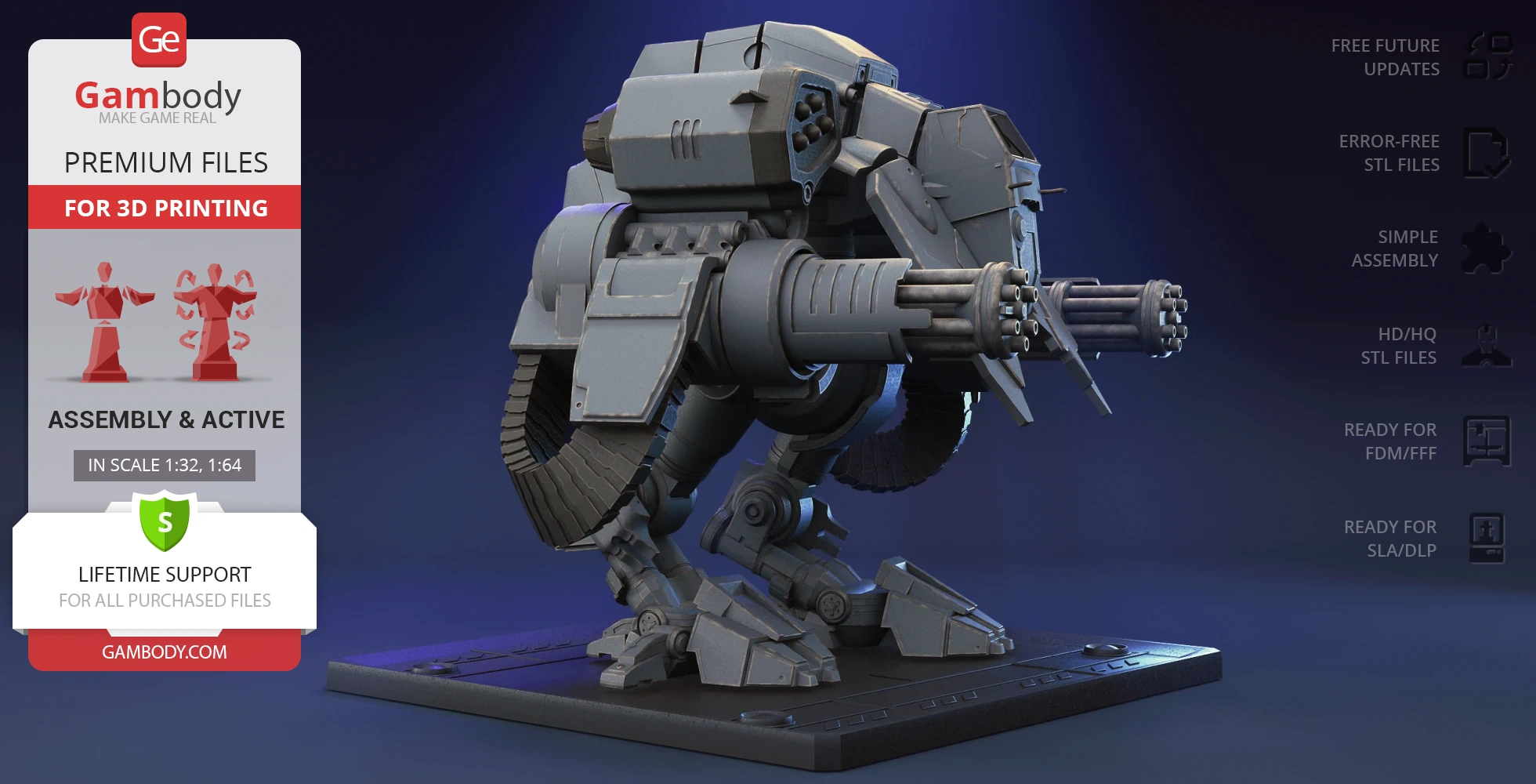 A detailed 3D model of a mech with large guns and mechanical legs, designed for 3D printing.