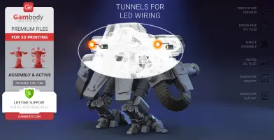 A robotic Viking mech model for 3D printing, with LED wiring tunnels highlighted.