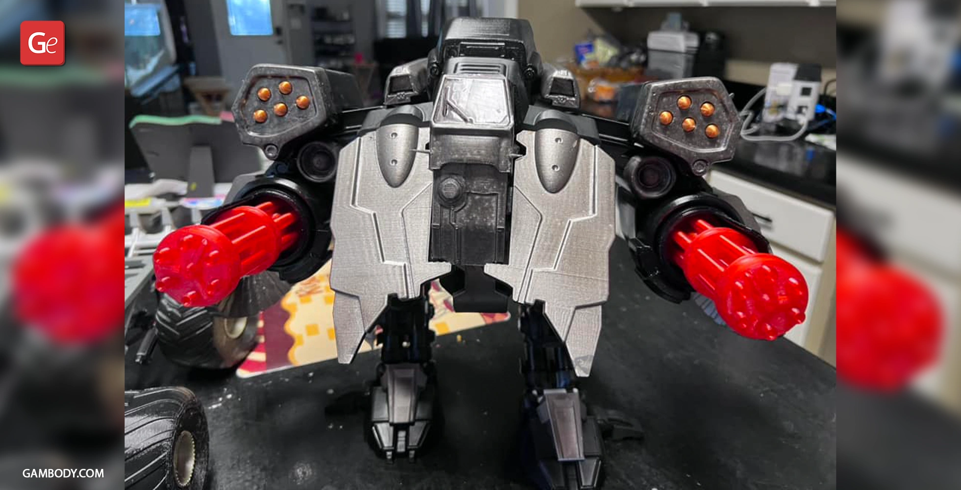 A 3D-printed sci-fi mech model with silver armor and red weapons, inspired by StarCraft's Viking Terran.