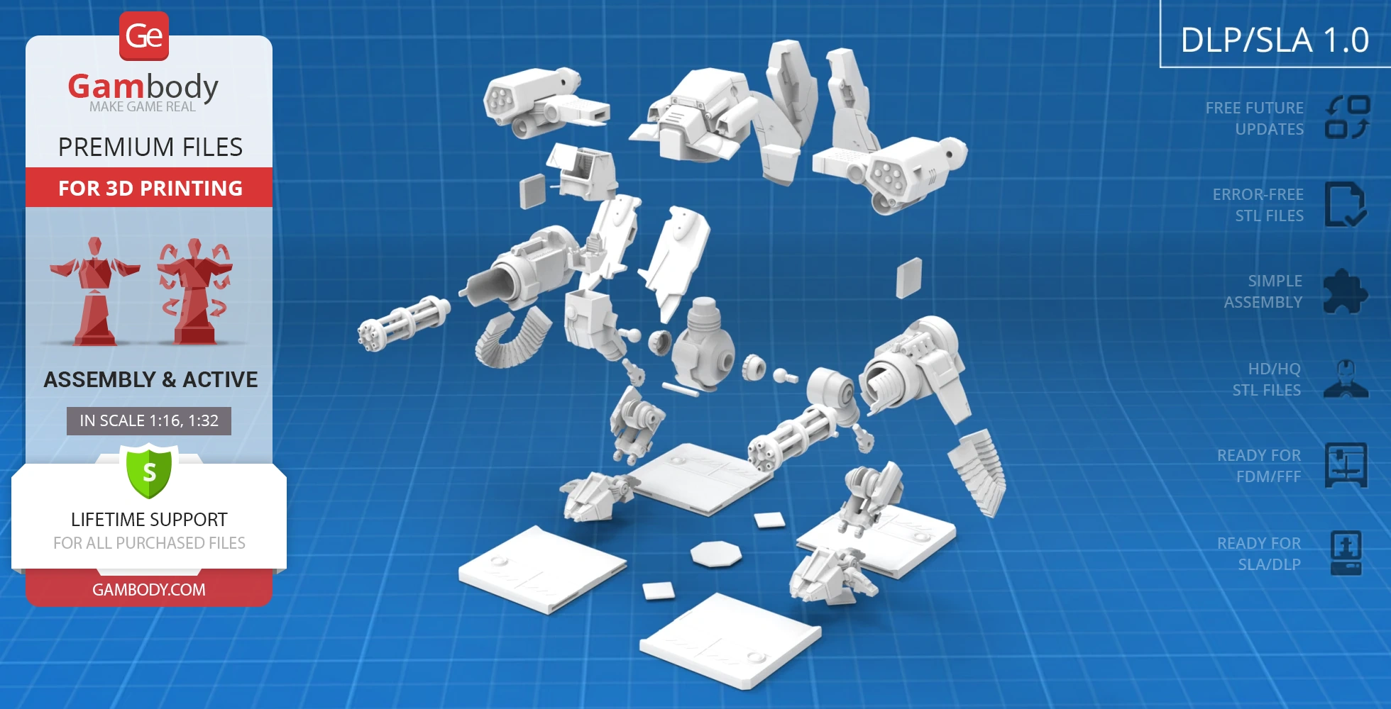 Exploded view of 3D printable parts for a robotic Viking Terran model from StarCraft on a grid background.