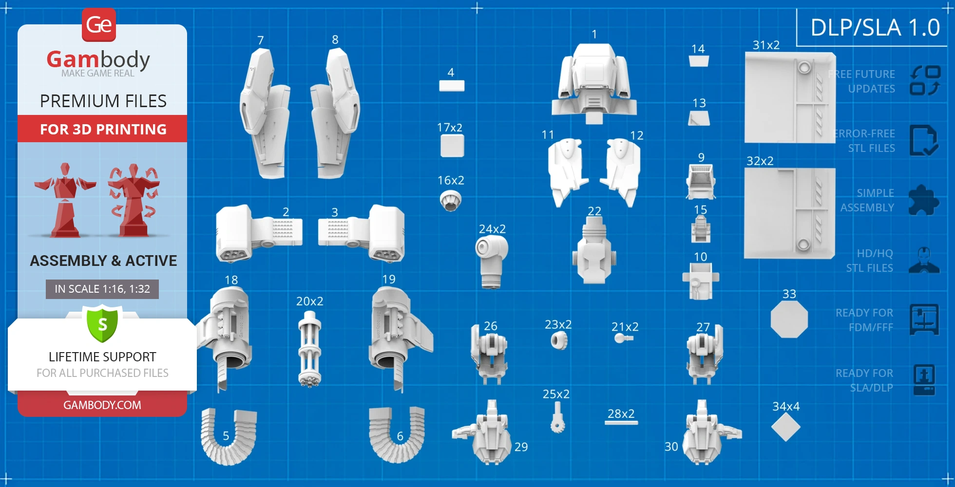 Components layout for 3D printing a 'Viking Terran' figure from StarCraft on a blueprint background.