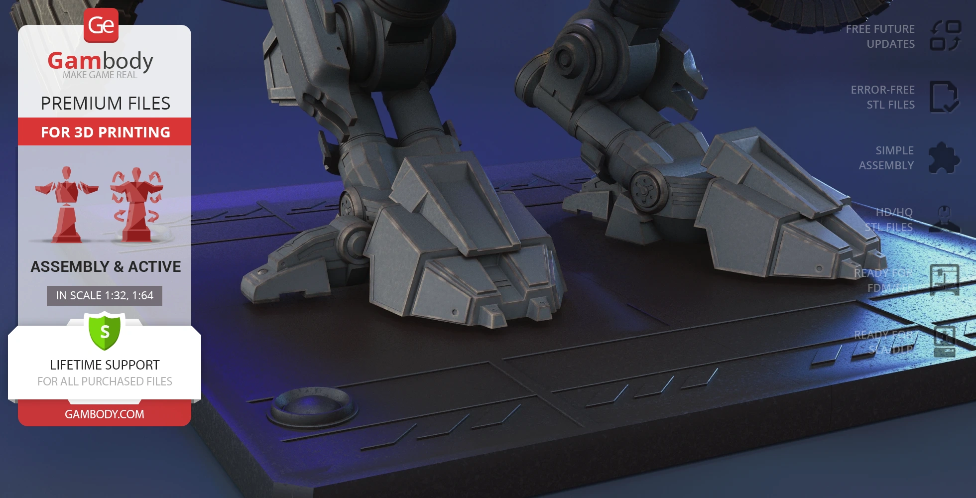 Mechanical feet of a robotic model on a display base, designed for 3D printing.