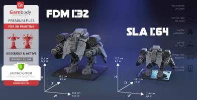 Two robot models from StarCraft for 3D printing, shown in different scales: FDM 1:32 and SLA 1:64.